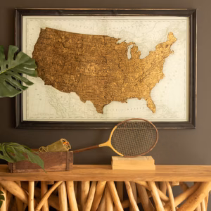 Framed Vintage-Inspired Usa Map Print with Gold Leaf Under Glass