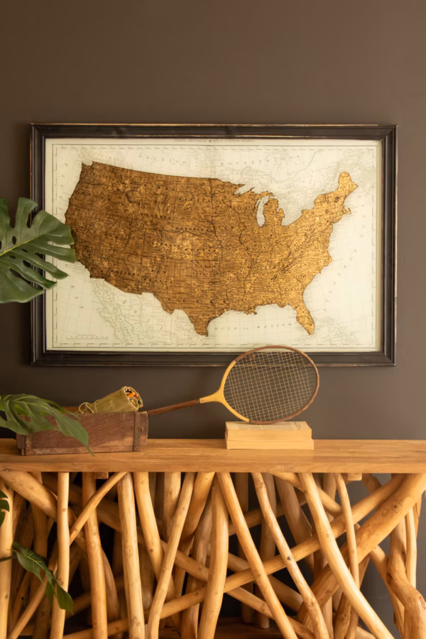Framed Vintage-Inspired Usa Map Print with Gold Leaf Under Glass