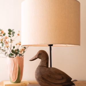 Hand-Carved Mango Wood Duck Table Lamp Base with Fabric Shade