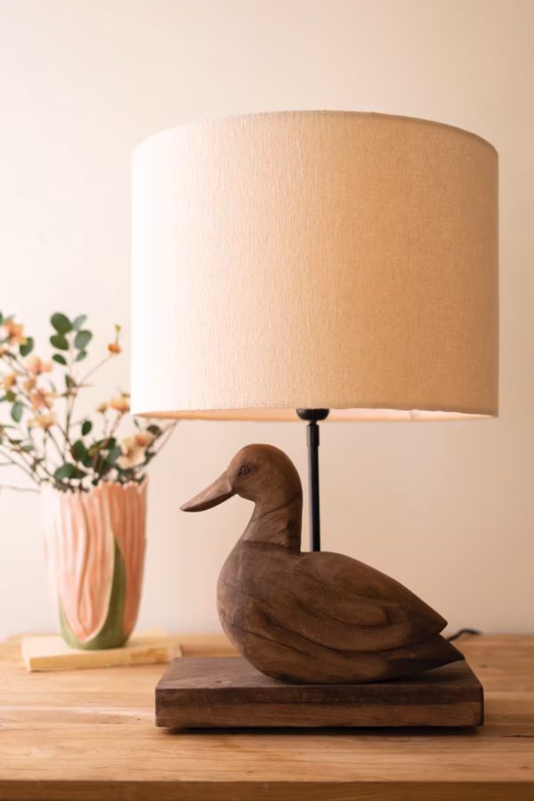 Hand-Carved Mango Wood Duck Table Lamp Base with Fabric Shade