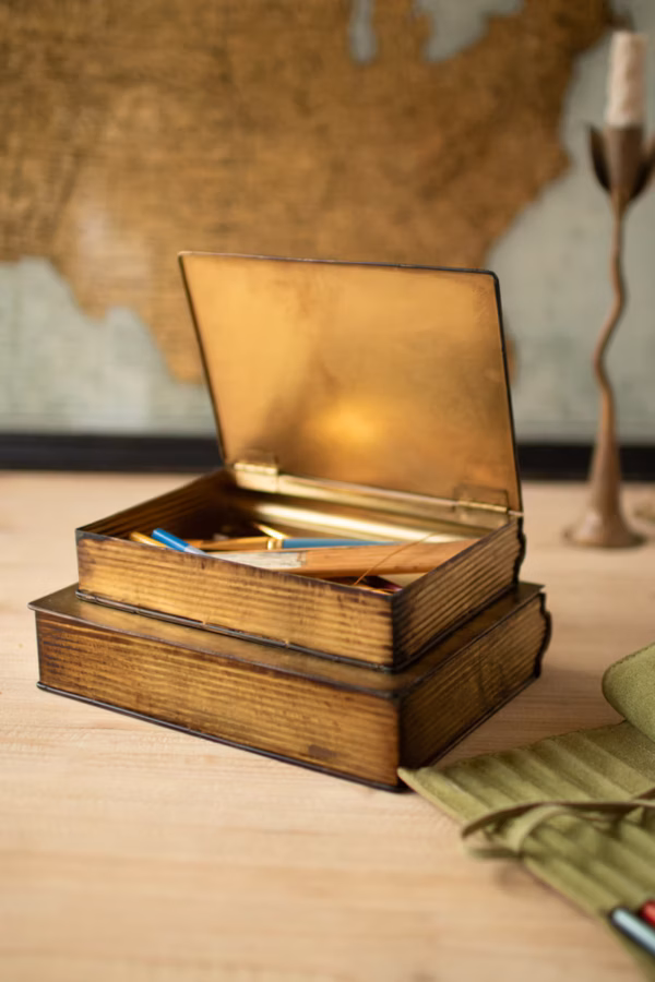 Set of 2 Antique Brass Book Boxes