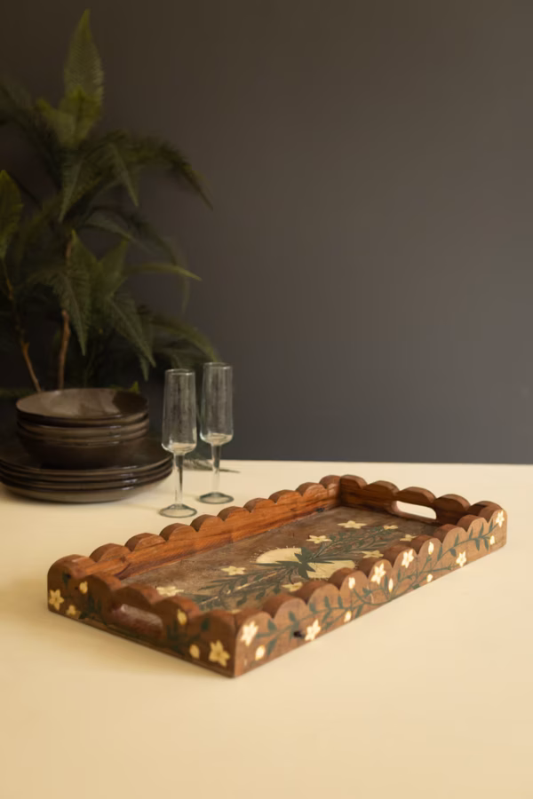 Recycled Wood Tray with Hand-Painted Detail