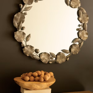 Round Rustic Metal Framed Mirror with Leaf and Fruit Detail