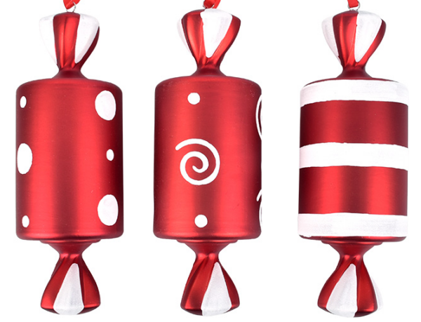 Christmas Glossy Red Rectangle Fake Sweet Pendants, 3 Pack Striped & Swirl Pattern Candy Ornaments for Holiday Window & Photo Booth Decor