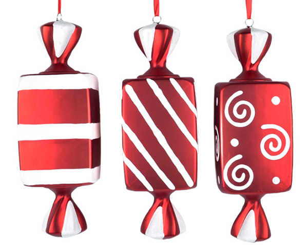 Christmas Glossy Fake Sweet Pendant Set of 3, Red Rectangular Candy Baubles with Hanging Ribbon for Holiday Window Display & Photo Booth Props