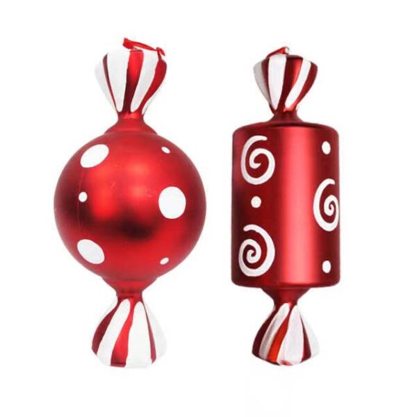 Christmas Glossy Red Fake Sweet Pendants, 2 Pack Round & Cylinder Candy Baubles with Hanging Ribbon for Holiday Window & Photo Booth Decor