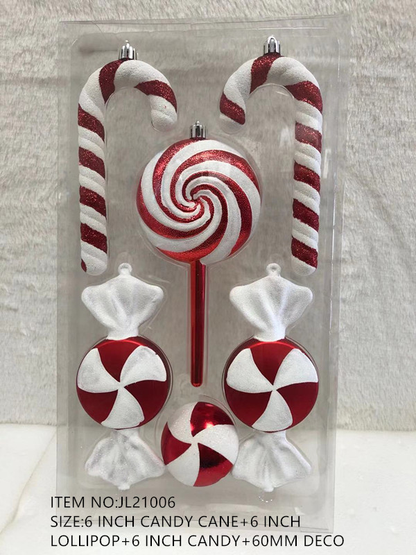 Christmas Assorted Candy Theme Ornament Pack of 6, Glitter Red & White Fake Sweet Pendants for Holiday Window, Photo Booth & Tree Decoration