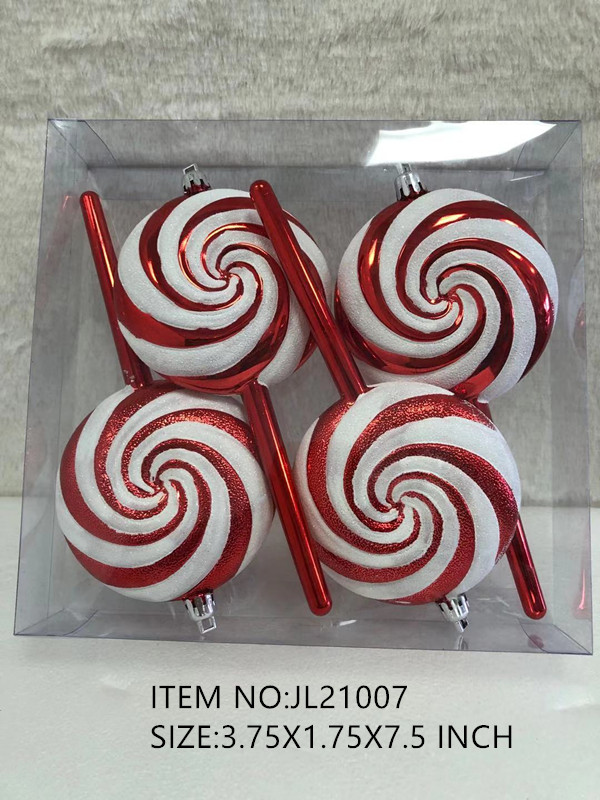 Christmas Peppermint Lollipop Baubles Pack of 4, Glossy & Sparkly Red White Spiral Lollipop Pendants for Holiday Window & Photo Booth Decor