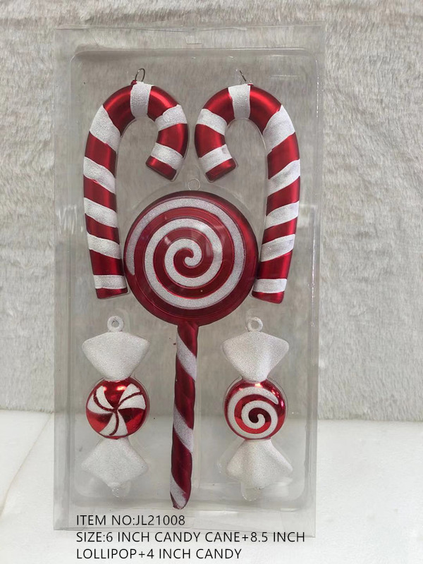 Christmas Assorted Candy Theme Ornament Pack of 5, Glitter Red & White Fake Sweet Pendants for Holiday Window, Photo Booth & Tree Decoration