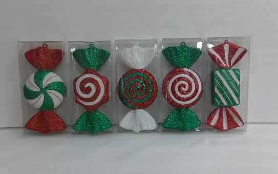 Christmas Traditional Red Green Fake Sweet Pendants, 5 Pack Assorted Glitter Candy Baubles for Holiday Window Display & Photo Booth Props