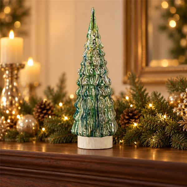 Vintage Iridescent Green Mercury Glass Christmas Tree Statue, Freestanding Wavy Glass Tree Centrepiece for Table Home Decoration