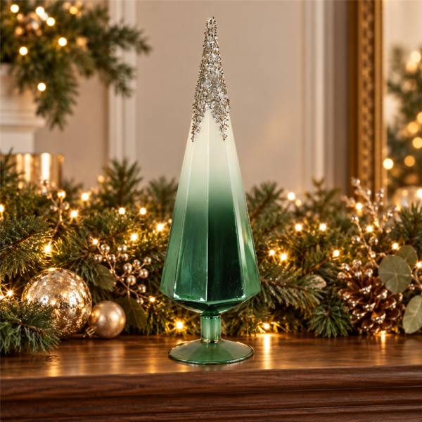 Hand Blown Ombre Green White Glass Tabletop Christmas Tree, Faceted Tree Figurine with Silver Glitter Top for Mantel Holiday Decor
