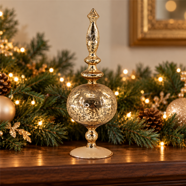 Antique Style Gold Mercury Glass Standing Finial Decoration, Pedestal Base Spire Glass Ornament for Holiday Home Decor