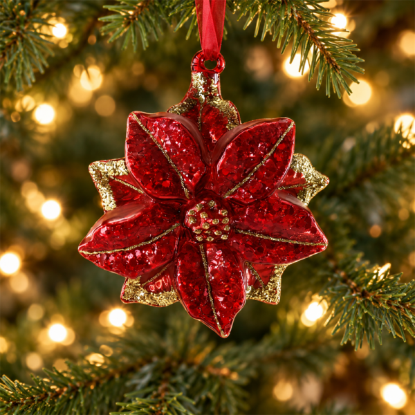 Red Gold Glitter Poinsettia Glass Christmas Ornament, Hanging Flower Bauble for Xmas Tree Holiday Home Decoration