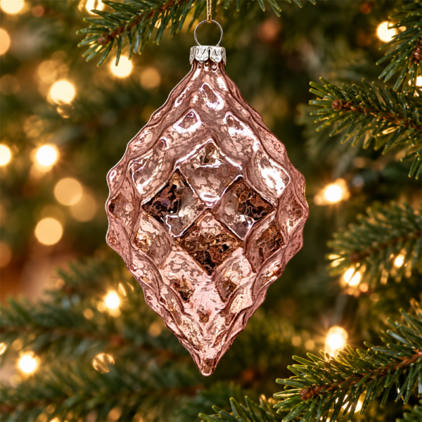 Blush Pink Mercury Glass Diamond Christmas Ornament, Textured Rhombus Hanging Bauble for Christmas Tree Holiday Home Decor