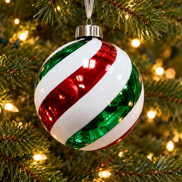 Red Green White Swirl Glass Christmas Ball Ornament, Glossy Candy Cane Stripe Hanging Bauble for Christmas Tree Holiday Decor