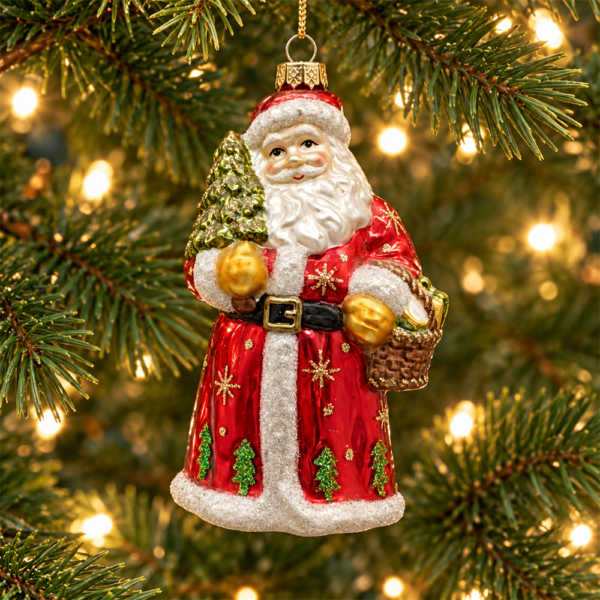 Traditional Red Santa Glass Christmas Bauble, Vintage Santa Figure Pendant with Glitter Details for Holiday Tree Home Decoration