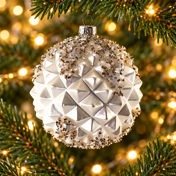 Silver Diamond Faceted Glass Christmas Ball Ornament, Textured Bauble with Crushed Glitter Crystals for Christmas Tree Holiday Decor