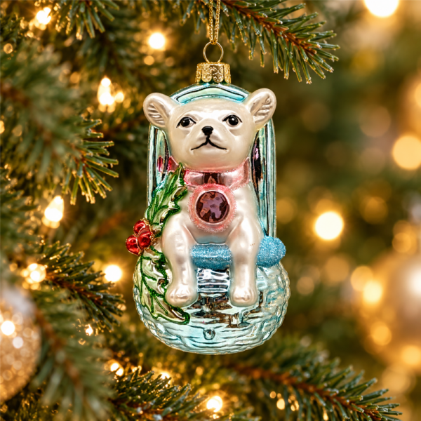 White French Bulldog Glass Christmas Bauble, 3D Dog Figurine Ornament Sitting on Blue Sleigh for Pet Lover Holiday Home Decoration