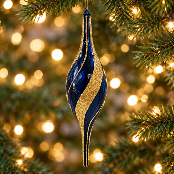 Hand-blown Glass Teardrop Christmas Bauble, Dark Blue with Glitter Gold Swirl Pattern Christmas Tree Pendant Ornament