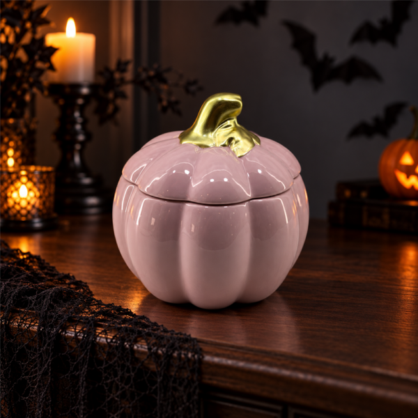Ceramic Pumpkin Storage Jar, Blush Pink Pumpkin Container with Gold Stem, Autumn Harvest Halloween Table Centerpiece Decor