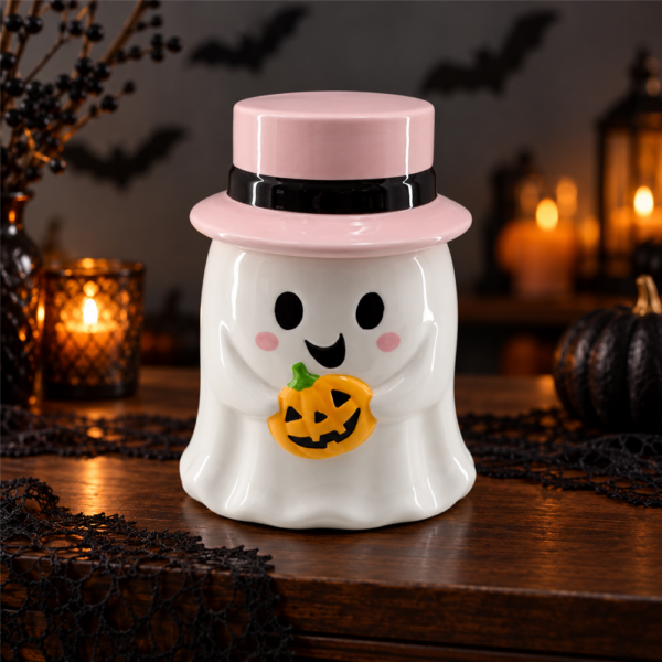 Ghost Ceramic Canister with Pink Top Hat, Cute Ghost Cookie Jar Holding Pumpkin, Halloween Decorative Storage Jar with Lid, Tabletop Home Decor