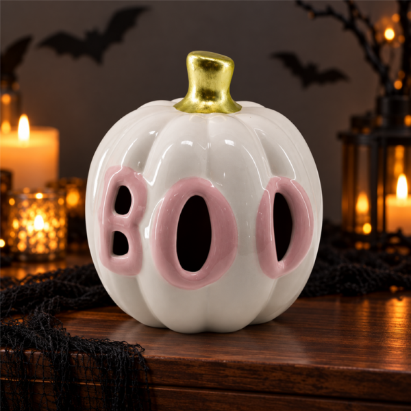 Halloween BOO Pumpkin Ceramic Luminary, White Pumpkin with Pink Letter Cutouts, Autumn Table Mantel Decor for Halloween Party