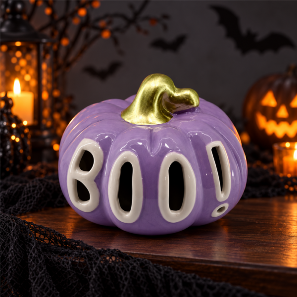 Purple Ceramic Pumpkin Luminary with White BOO Cutout & Gold Stem, Halloween Pumpkin Tabletop Decor, Fall Harvest Home Centerpiece Ornament