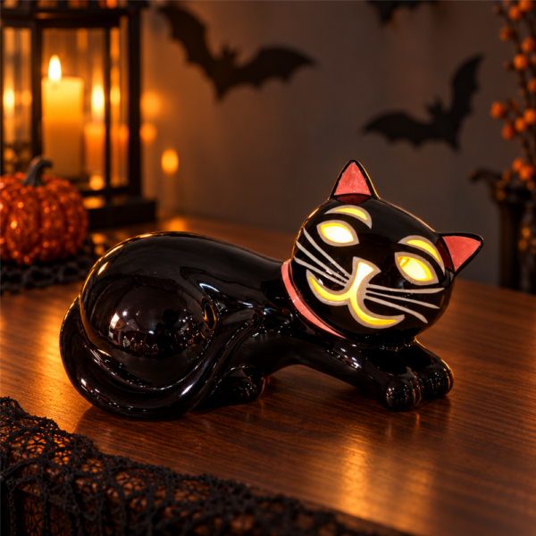 Ceramic Black Cat Halloween Lighted Figurine, Glowing Face Black Cat Statue with Pink Collar, Halloween Tabletop Mantel Home Decor Ornament