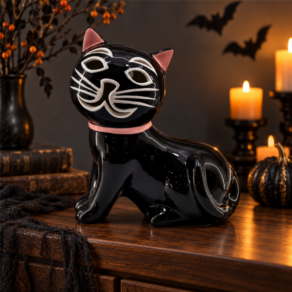 Halloween Lighted Black Cat Statue, Glossy Ceramic Sitting Cat Tealight Holder, Vintage Style Halloween Party Table Centerpiece Decor