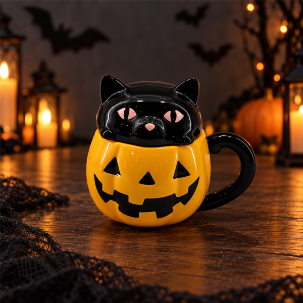 Halloween Pumpkin Cat Ceramic Mug with Black Cat Lid, Jack O Lantern Pumpkin Coffee Cup, Cute Novelty Halloween Drinkware Gift