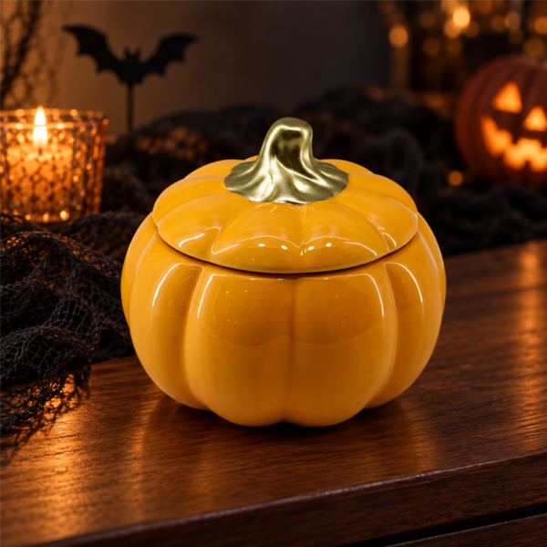 Orange Ceramic Pumpkin Jar with Golden Stem, Decorative Pumpkin Canister with Lid, Fall Halloween Thanksgiving Tabletop Storage Decor