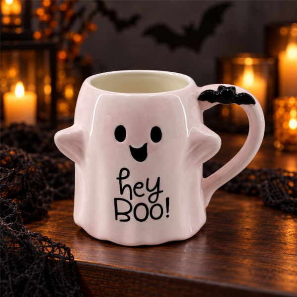 Cute Ghost Halloween Mug, Sculpted Pink Ghost Shaped Cup with Hey Boo Lettering, Halloween Decorative Drinkware Gift