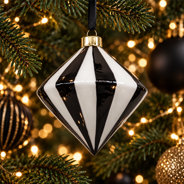 Modern Black White Striped Diamond Glass Christmas Bauble, Geometric Shape Ornament with Gold Cap for Winter Home Decoration