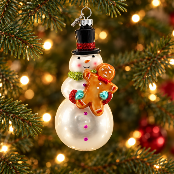 Snowman Hugging Gingerbread Man Glass Hanging Ornament, Handcrafted Festive Pendant for Christmas Tree