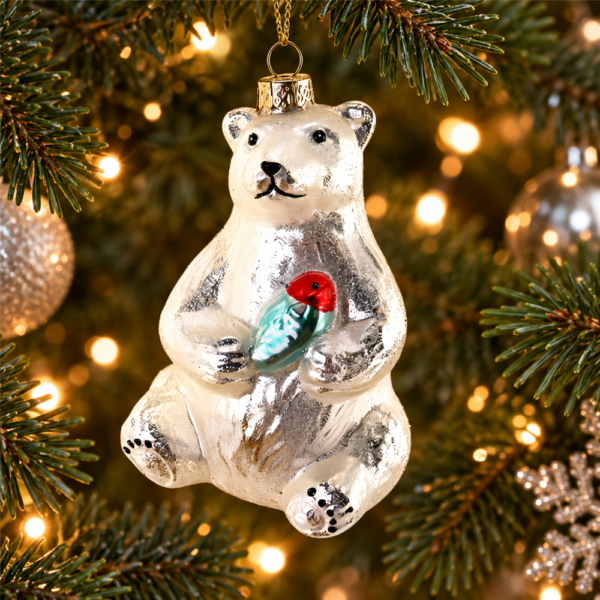 Hand Blown Glass Polar Bear Christmas Ornament, Sitting Polar Bear Holding Robin Bird Hanging Bauble for Xmas Tree Decor