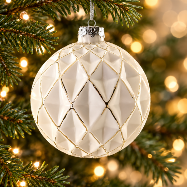 Geometric Faceted White Glass Hanging Ornament, Handcrafted Gold Trim Diamond Ball Pendant for Christmas Tree