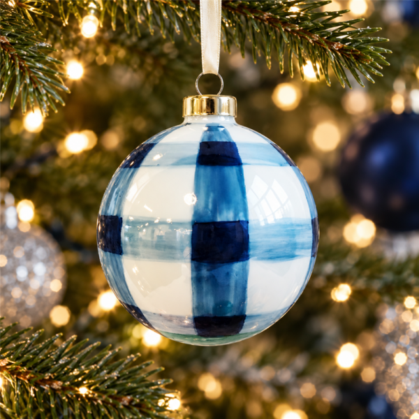 Farmhouse Buffalo Plaid Glass Hanging Ornament, Hand Drawn Blue Check Pattern Ball Pendant for Christmas Tree
