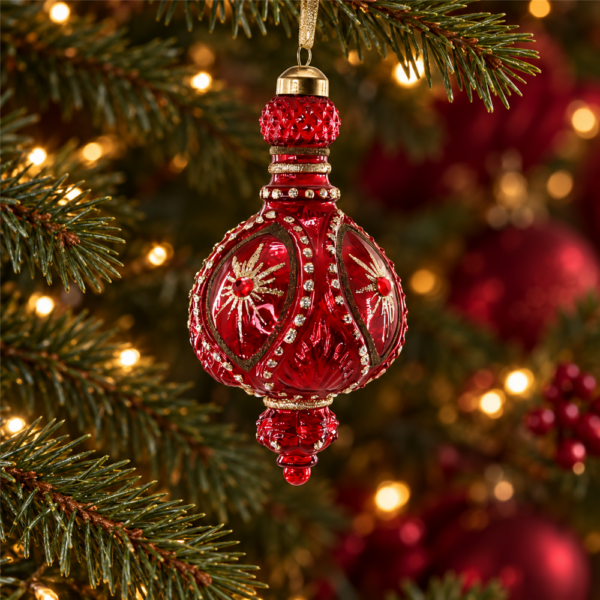 Antique Style Red Sunburst Glass Hanging Ornament, Handcrafted Jeweled Finial Pendant for Christmas Tree