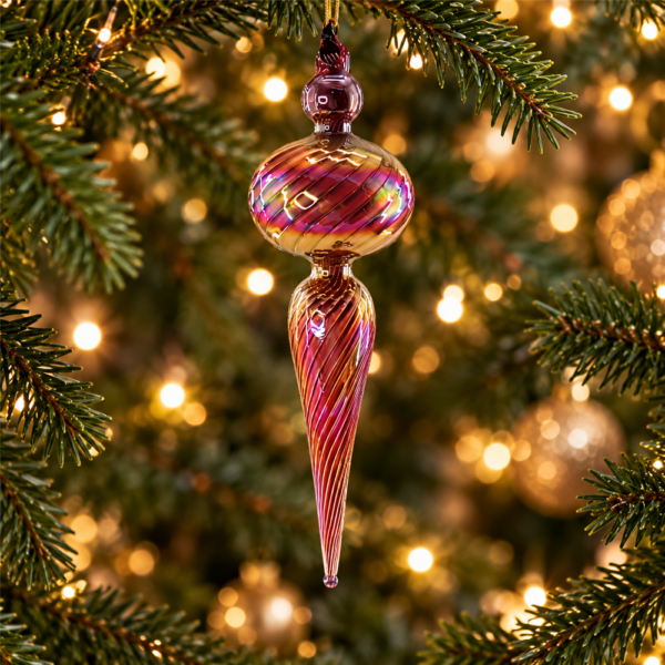 Hand Blown Swirl Glass Finial Christmas Ornament, Iridescent Purple Amber Gradient Icicle Hanging Bauble for Xmas Tree Decor