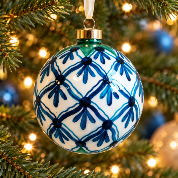 Artistic White & Blue Floral Grid Glass Christmas Bauble, Round Glossy Ball Ornament with Gold Cap for Coastal Holiday Home Decoration