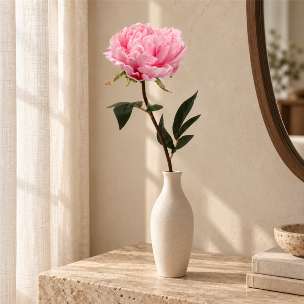 Hot Pink Artificial Peony Flower Stem, Real Touch Faux Peony with Dark Green Leaves for Home Vase Floral Decor