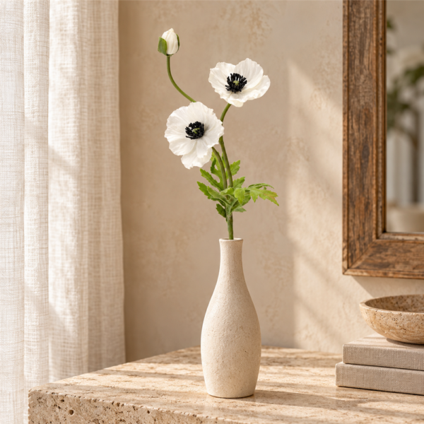 Ivory Faux Poppy Spray, Single Stem Artificial Poppies for Minimalist Wedding Table Centerpiece