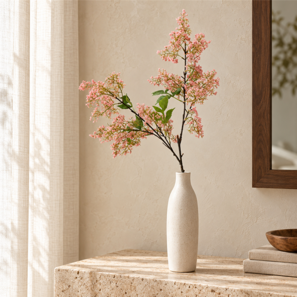 Light Pink Artificial Lilac Flower Branch, Faux Syringa Stem with Green Leaves for Tall Vase Home Decor