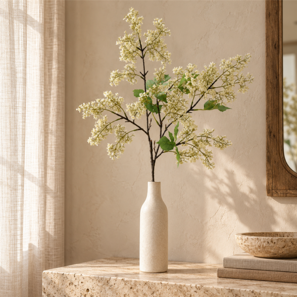 Realistic White Lilac Stem, Fake Syringa Branch for Wabi Sabi, Farmhouse & Neutral Home Styling