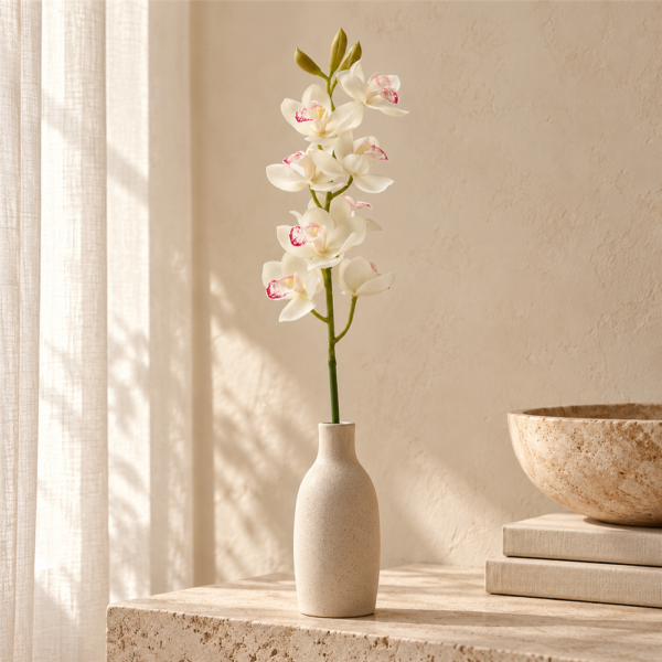 White Pink Spot Artificial Cymbidium Orchid Stem, Real Touch Faux Chindaland Orchid for Home Wedding Vase Floral Decor