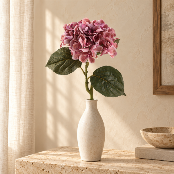 Artificial Hydrangea Stem, Dusty Mauve Pink Real Touch Hydrangea with Leaves, Faux Hydrangea Flower for Home Table Vase Decor