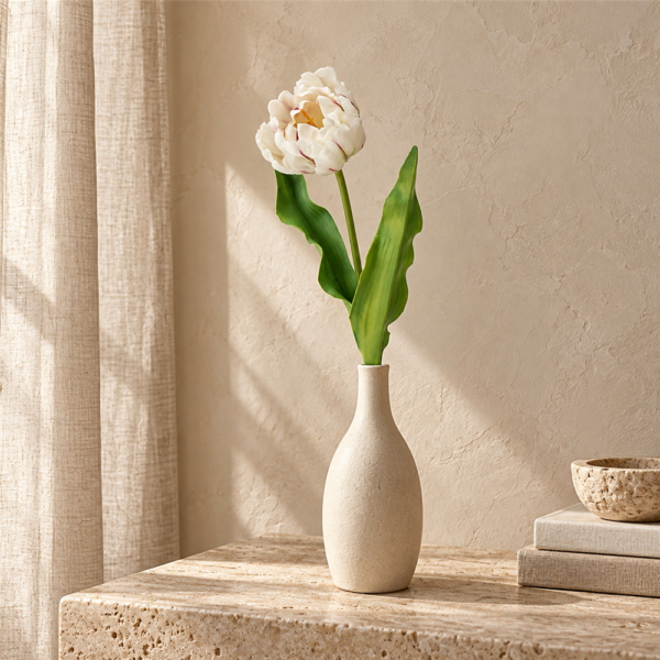 Cream White Purple Edge Faux Parrot Tulip Spray, Single Stem Artificial Tulip for Wedding Table Centerpiece