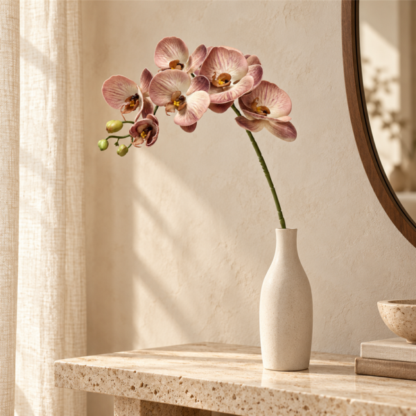 Dusty Pink Brown Veined Artificial Phalaenopsis Orchid Stem, Real Touch Faux Moth Orchid with Buds for Vase Decor
