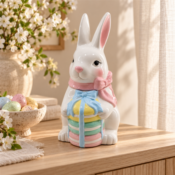 Easter Bunny Ceramic Cookie Jar, Cute Rabbit Canister with Lid, Candy Storage Jar for Easter Kitchen Table Decor